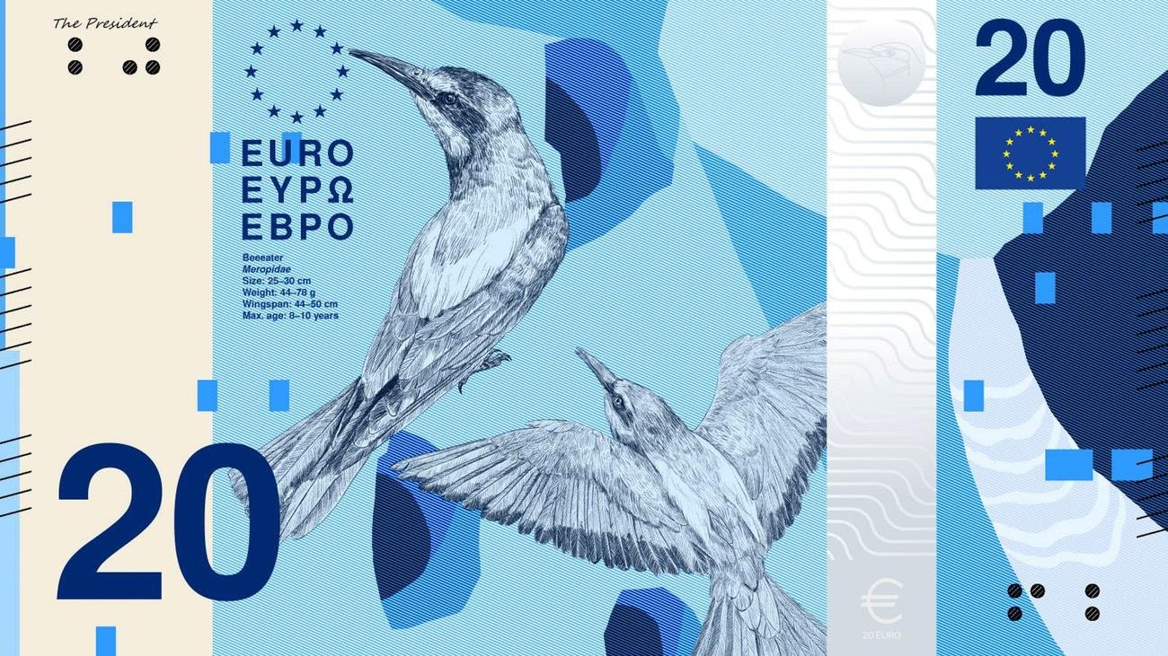 Einer der Entwürfe für mögliche neue 20-Euro-Banknoten: Die EZB hat zehn Entwürfe vorgestellt. © European Central Bank 2026 Die Europäische